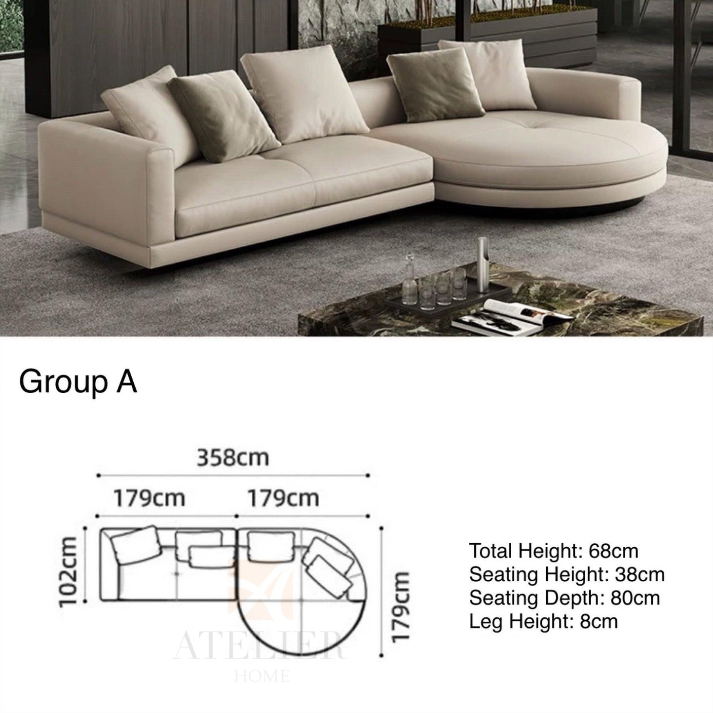 Alyssa Designer Sectional Round Chaise Sofa