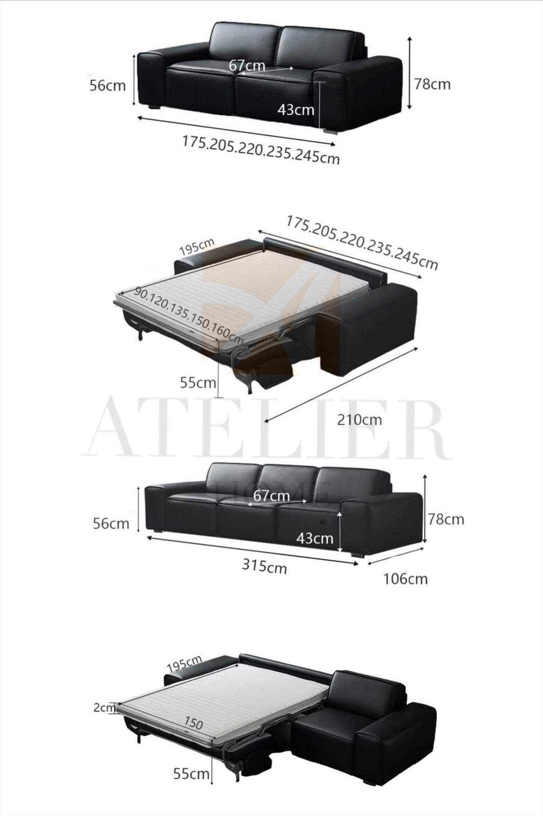 Camden Leather Foldable Sofa Bed with Mattress