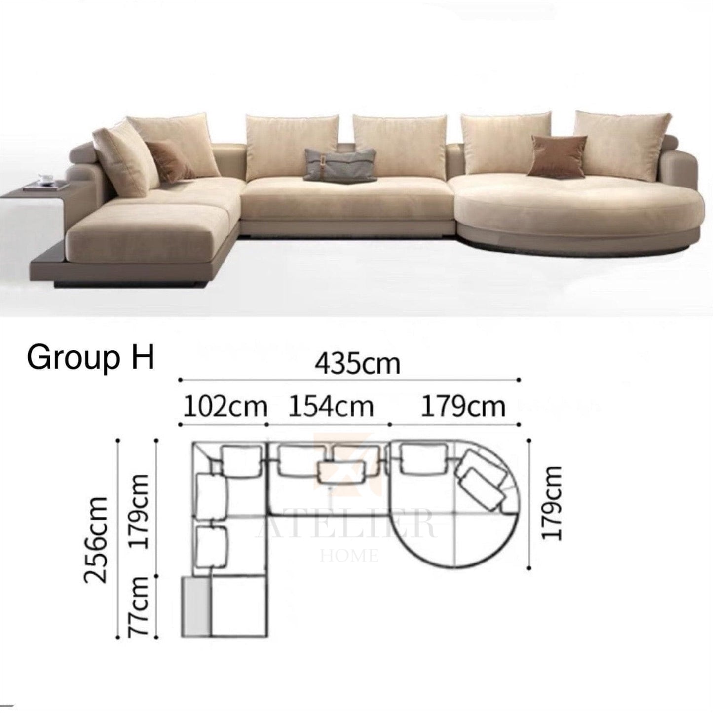Home Atelier Alyssa Designer Sectional Round Chaise Sofa