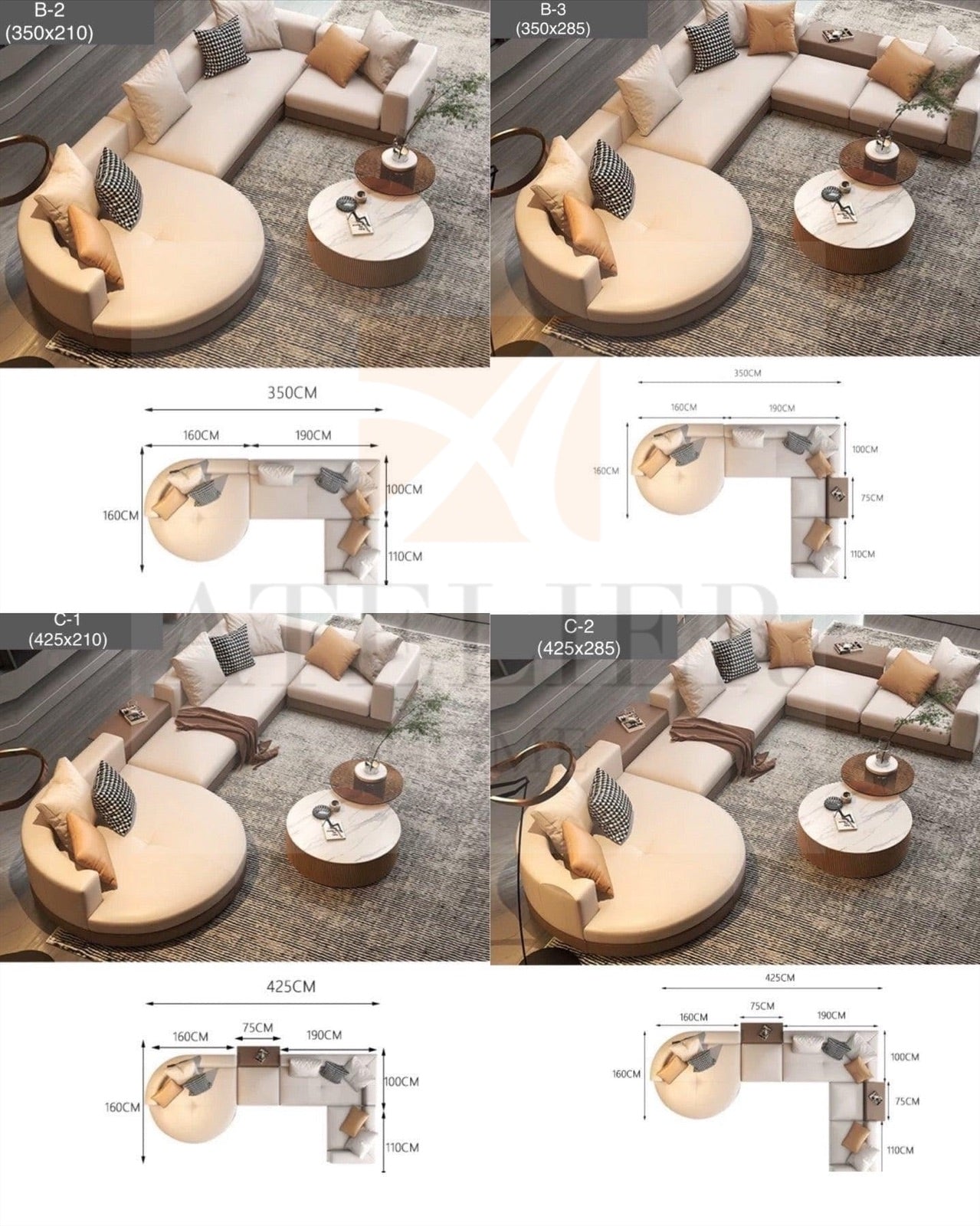 Home Atelier Alyssa Designer Sectional Round Chaise Sofa