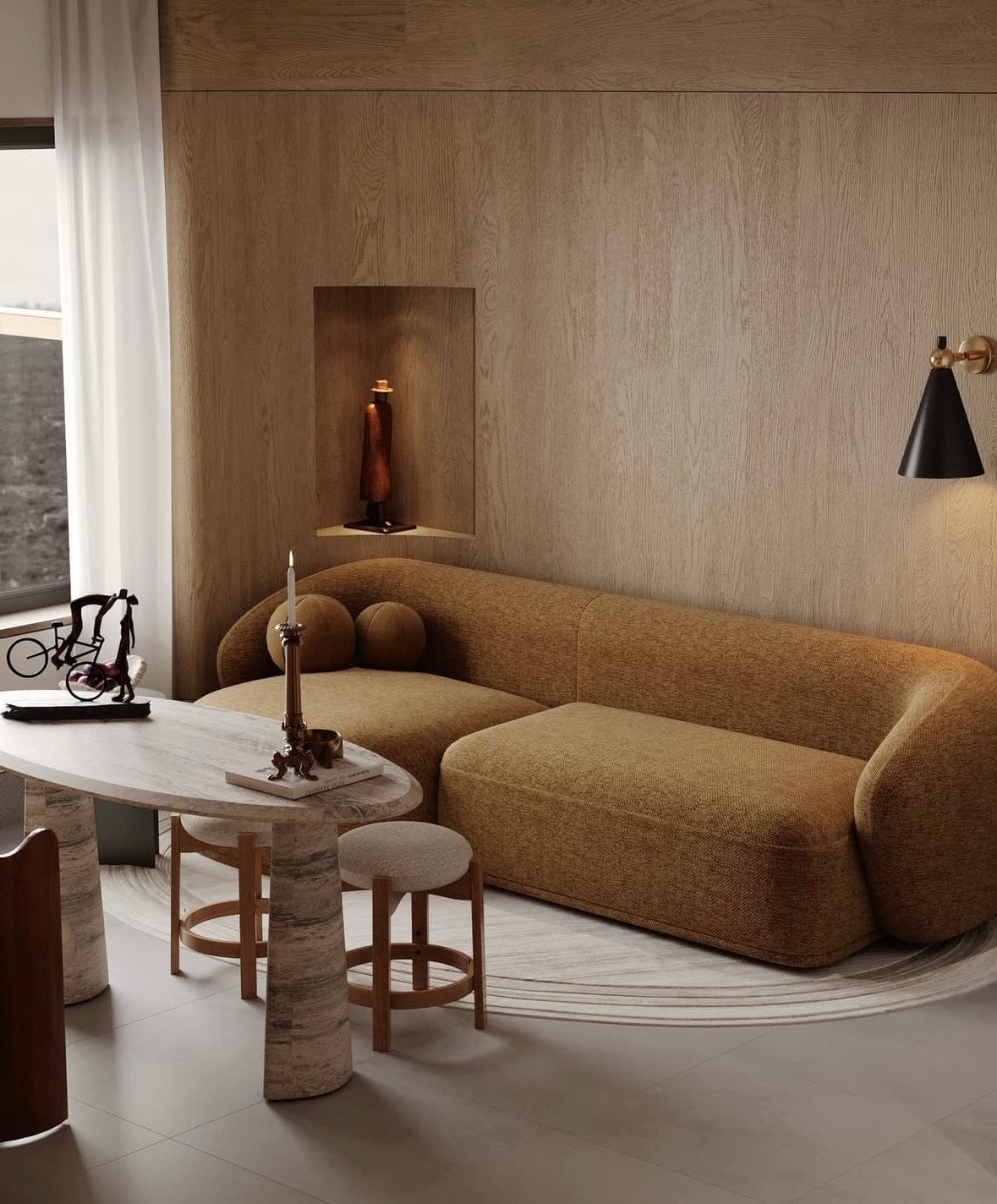 Home Atelier Carlison Performance Boucle Sectional Round Chaise Curve Sofa