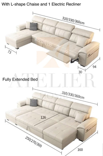 Home Atelier Cat Proof Scratch Resistant Leather / Length 310cm L-shape ( 1 Electric Recliner + Pull-out Bed + L-shape Storage Chaise + 1 Foot Rest ) Koma Scratch Resistant Leather Electric Recliner Sofa Bed
