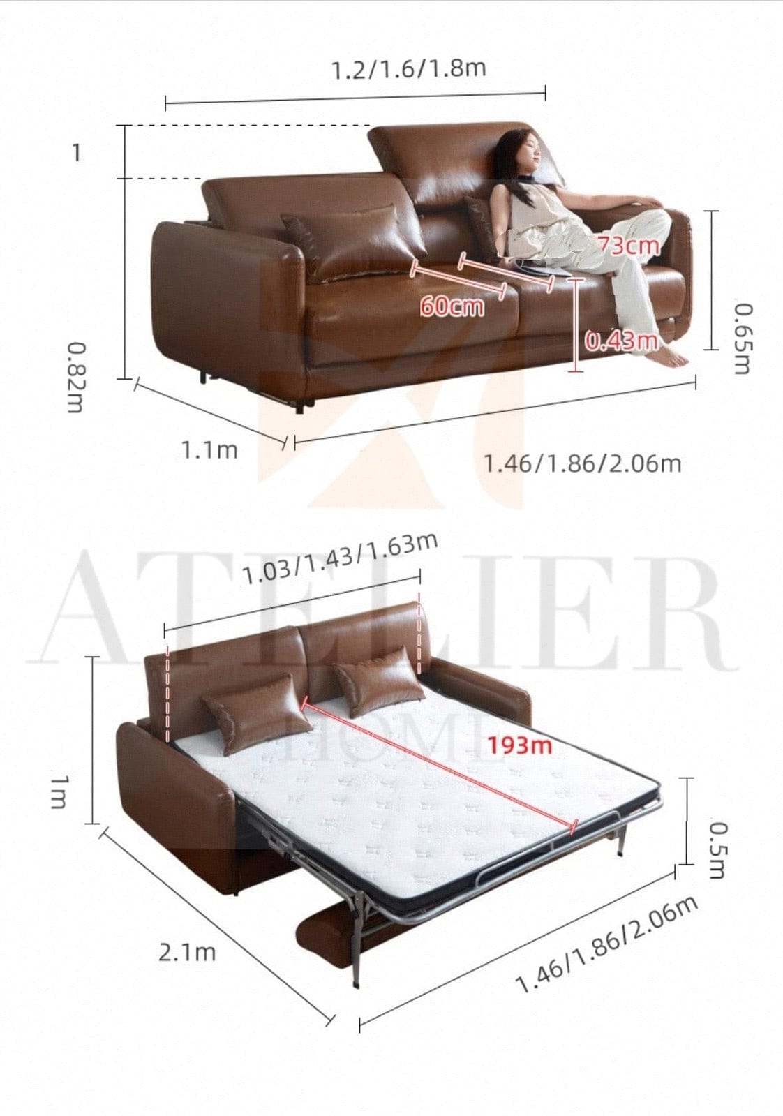 Home Atelier Derrick Foldable Leather Sofa Bed with Mattress