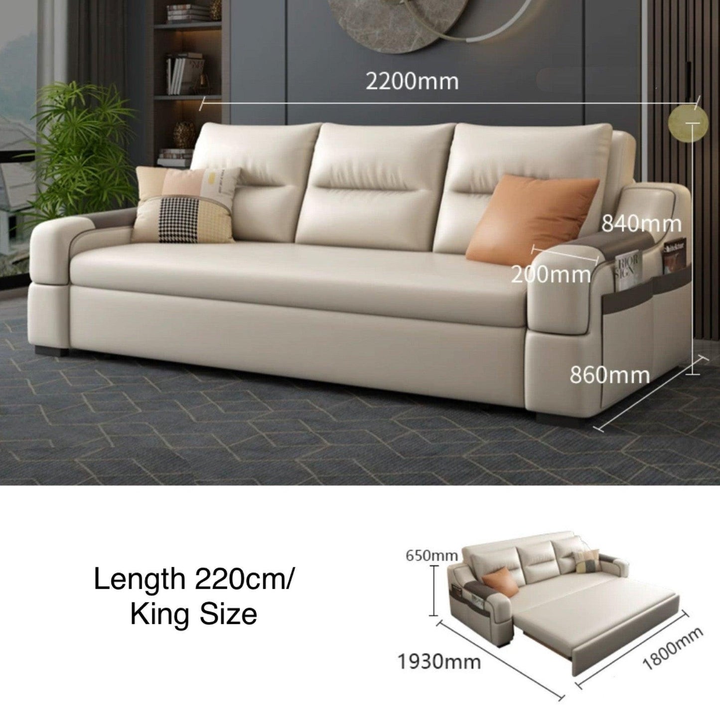 home-atelier-f31a Leather-Aire / King Size/ Length 220cm / Dark Grey Casey Storage Sofa Bed