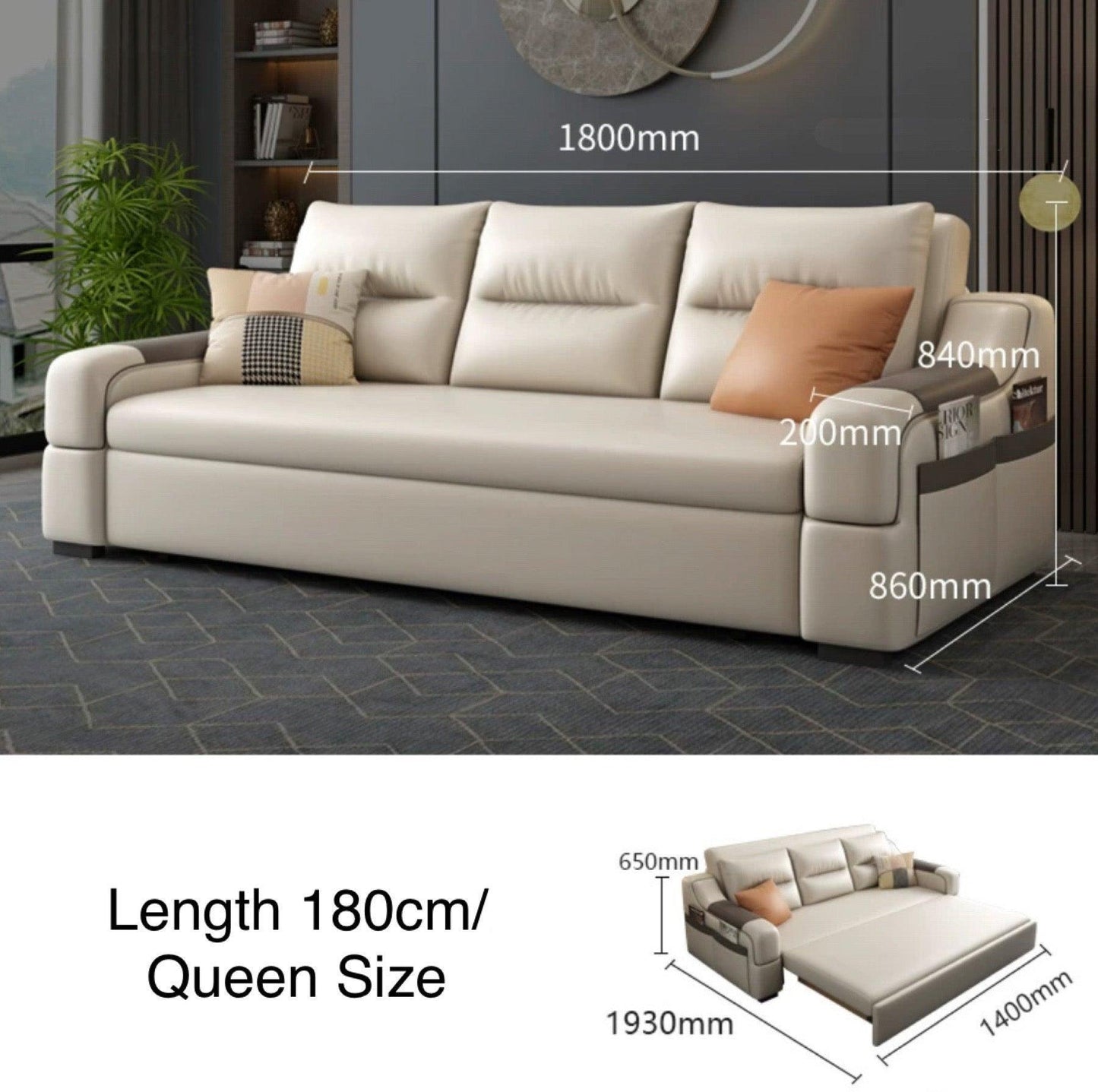 home-atelier-f31a Leather-Aire / Queen Size/ Length 180cm / Dark Grey Casey Storage Sofa Bed