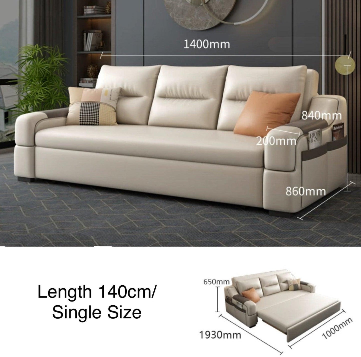 home-atelier-f31a Leather-Aire / Single Size/ Length 140cm / Dark Grey Casey Storage Sofa Bed