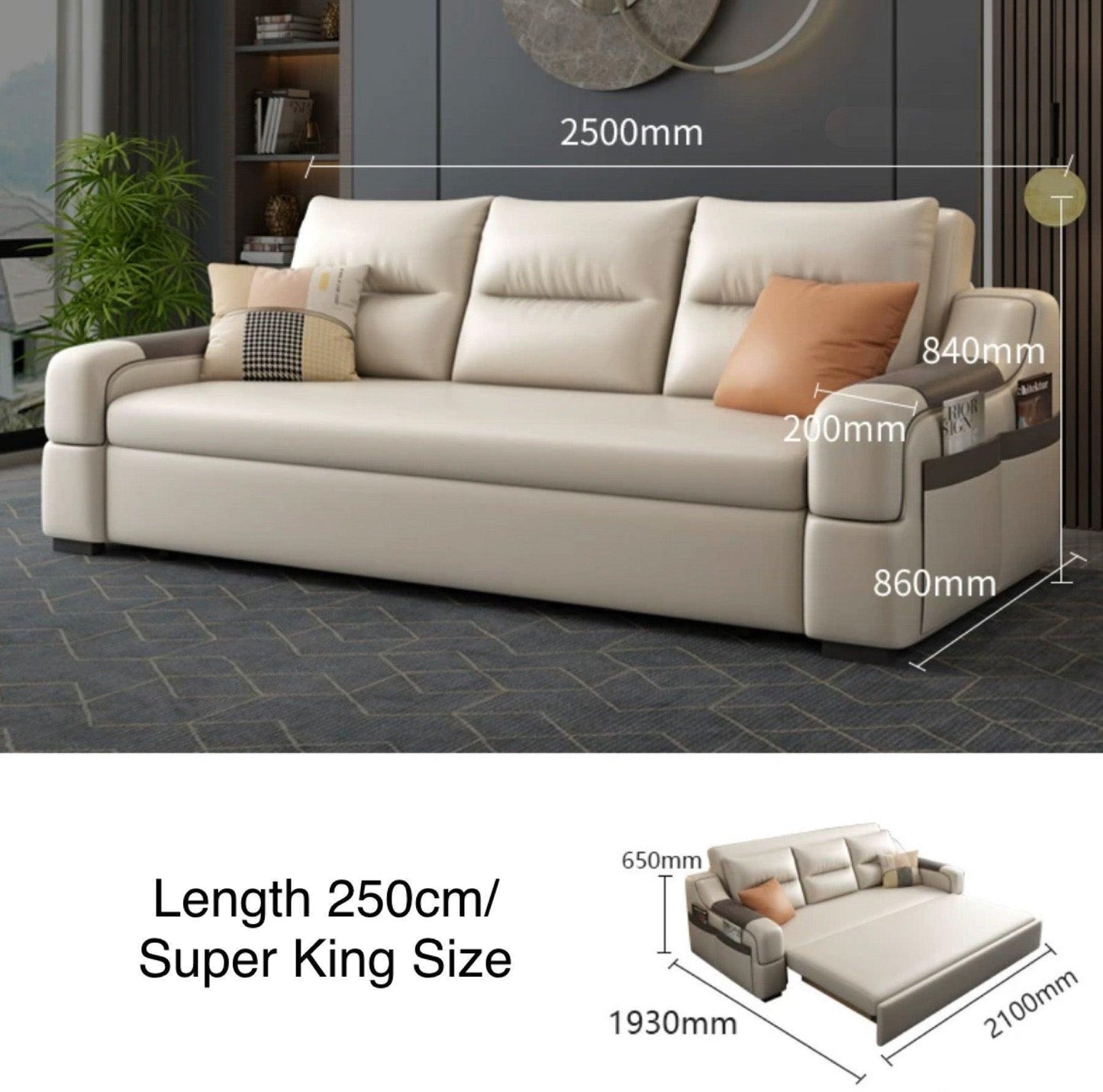 home-atelier-f31a Leather-Aire / Super King Size/ Length 250cm / Dark Grey Casey Storage Sofa Bed