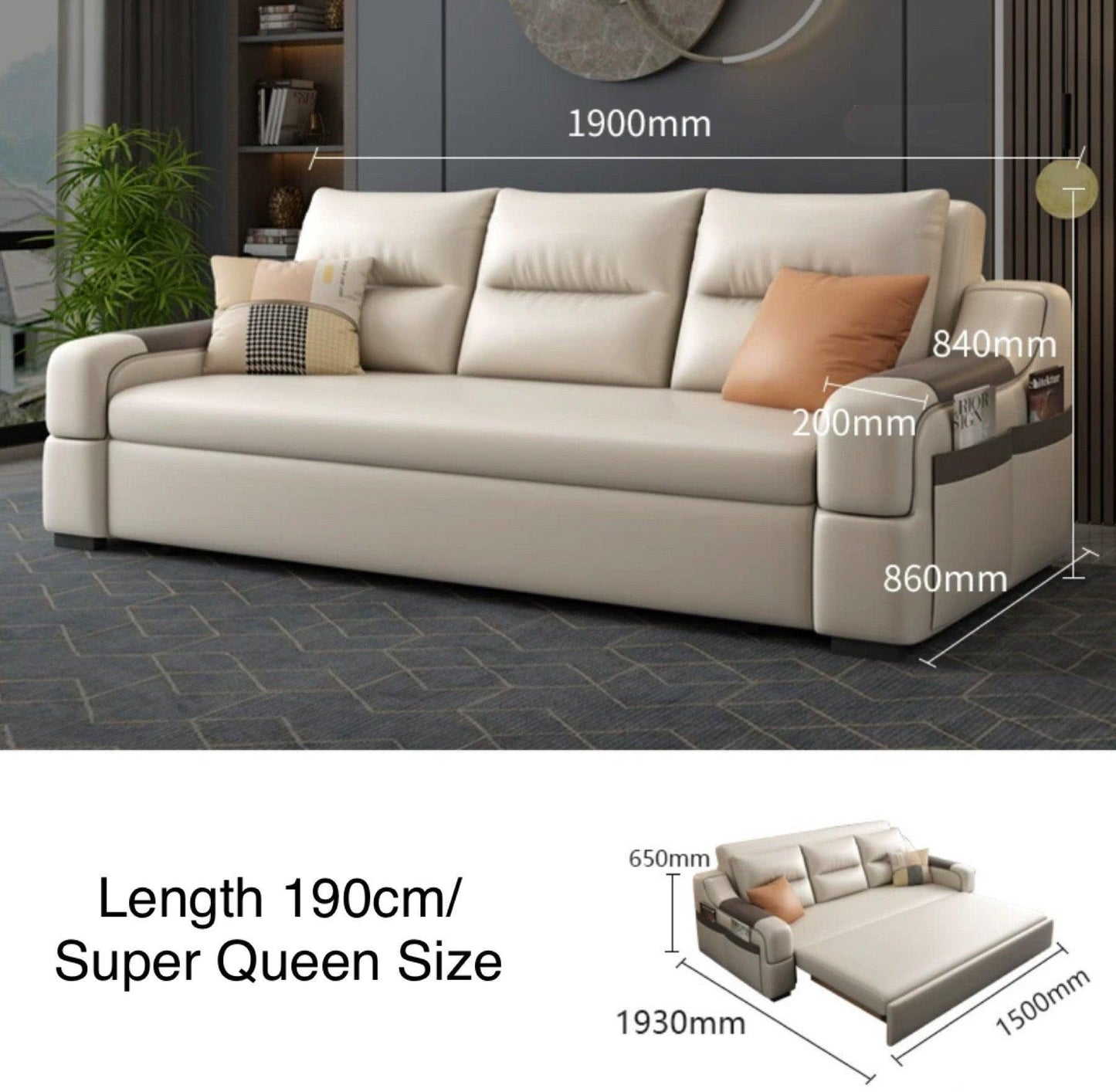 home-atelier-f31a Leather-Aire / Super Queen Size/ Length 190cm / Dark Grey Casey Storage Sofa Bed