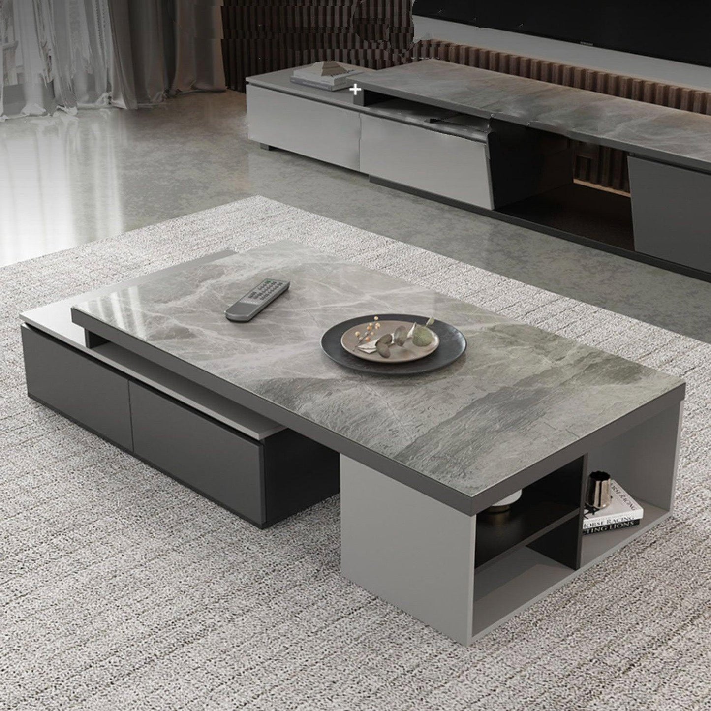 home-atelier-f31a Sintered Stone Table Top / L130/180cm Extendable Coffee Table / Gloss Granite Grey Ken Coffee Table