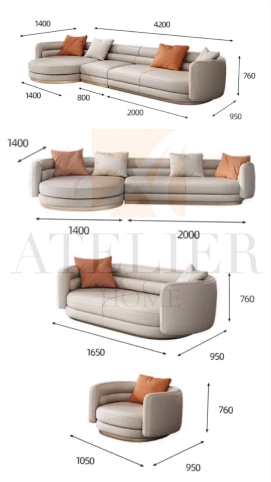 Home Atelier Gwenia Sectional Curve Chaise Sofa