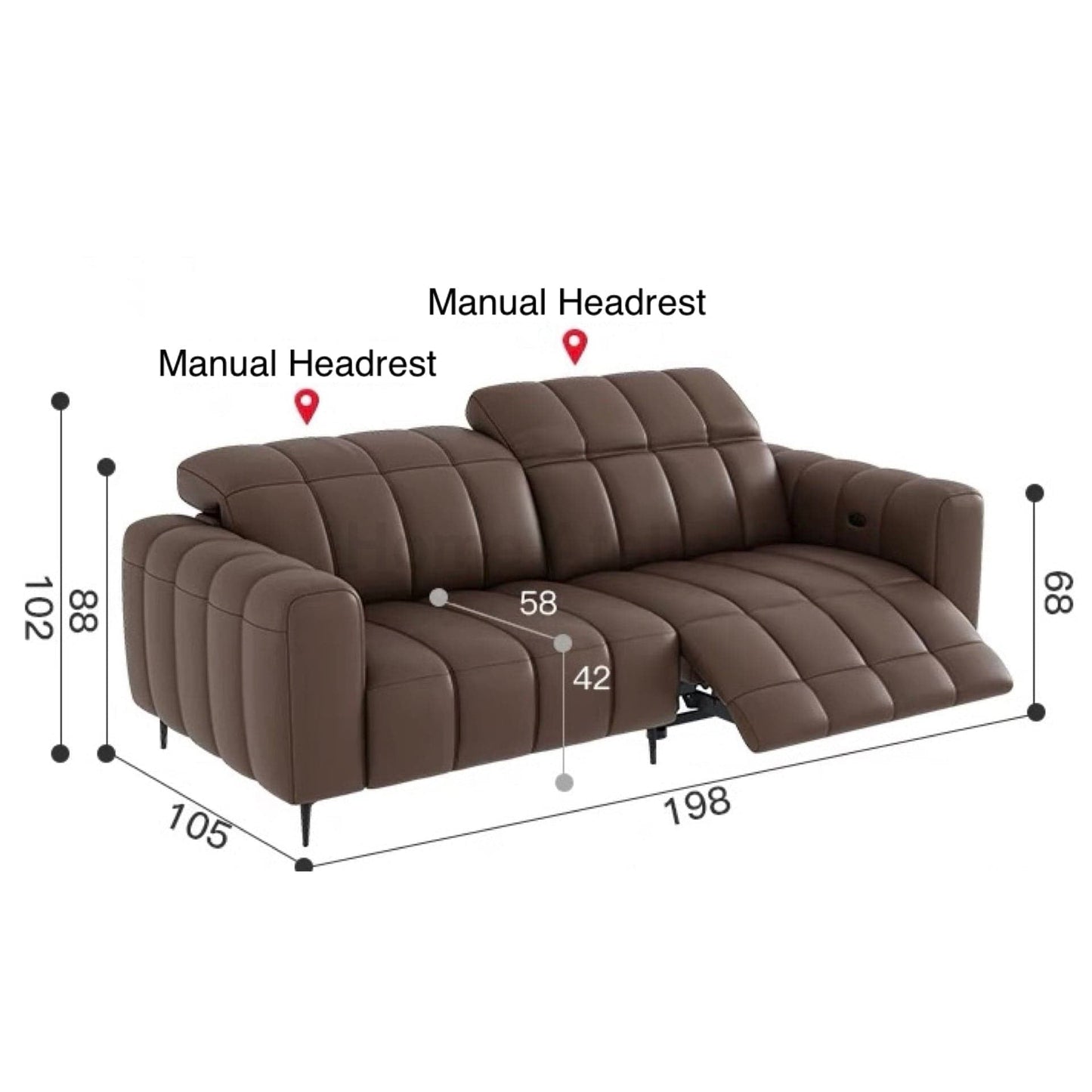 Home Atelier Italian Genuine Cowhide Leather / 2 seater/ Length 198cm ( 1 Electric Recliner) Manual Headrest Ramier Electric Recliner Leather Sofa
