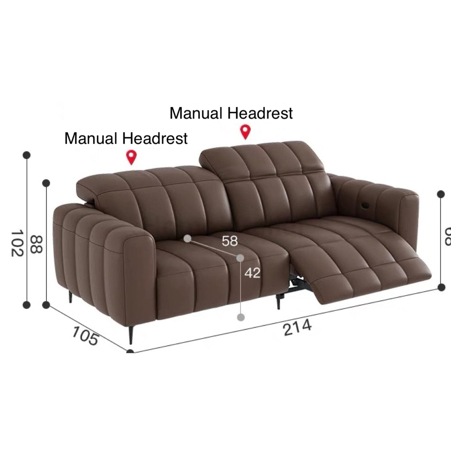 Home Atelier Italian Genuine Cowhide Leather / 2 seater/ Length 214cm ( 1 Electric Recliner) Manual Headrest Ramier Electric Recliner Leather Sofa