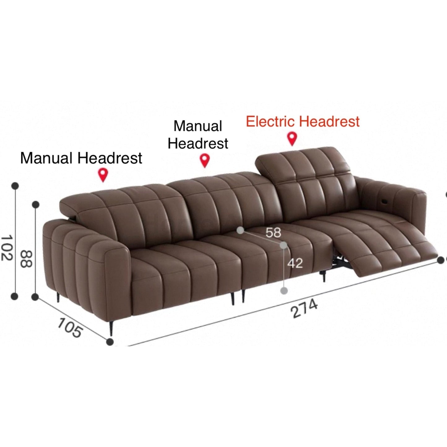 Home Atelier Italian Genuine Cowhide Leather / 3 seater/ Length 274cm ( 1 Electric Recliner) Electric Headrest Ramier Electric Recliner Leather Sofa