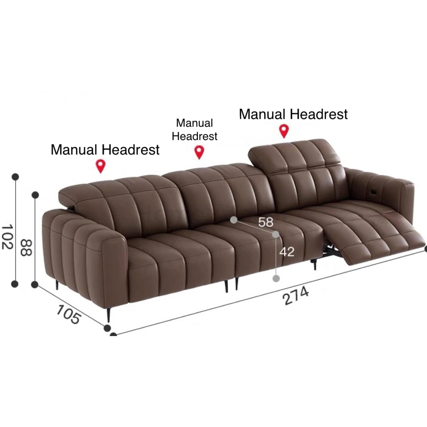 Home Atelier Italian Genuine Cowhide Leather / 3 seater/ Length 274cm ( 1 Electric Recliner) Manual Headrest Ramier Electric Recliner Leather Sofa