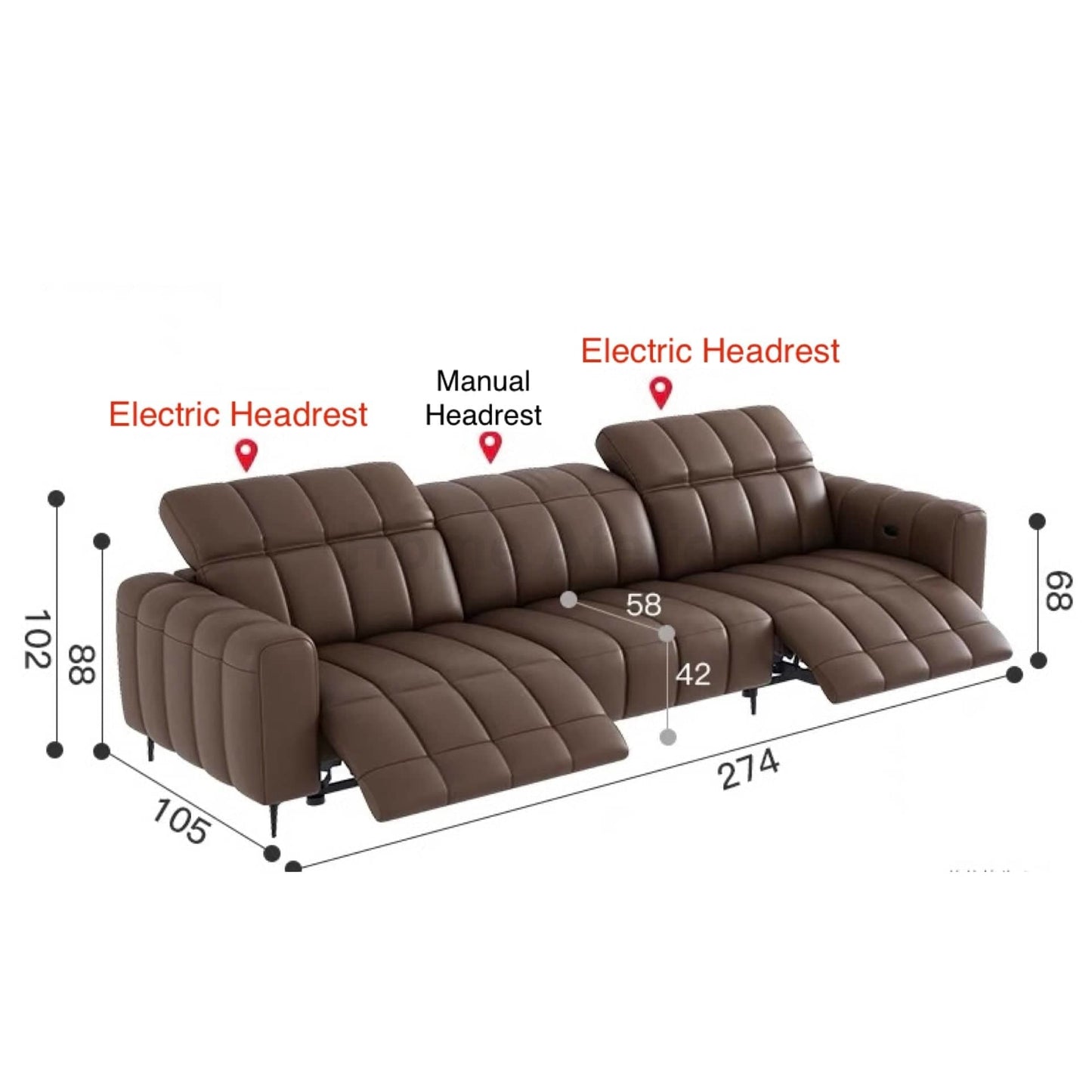 Home Atelier Italian Genuine Cowhide Leather / 3 seater/ Length 274cm ( 2 Electric Recliner) Electric Headrest Ramier Electric Recliner Leather Sofa