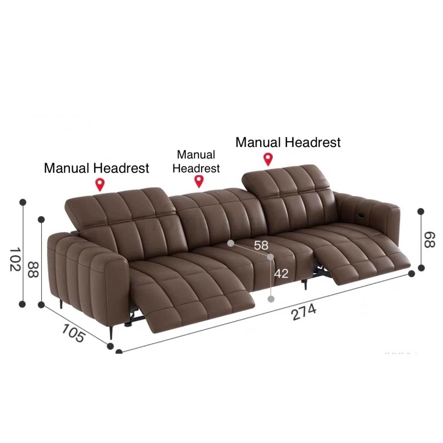 Home Atelier Italian Genuine Cowhide Leather / 3 seater/ Length 274cm ( 2 Electric Recliner) Manual Headrest Ramier Electric Recliner Leather Sofa