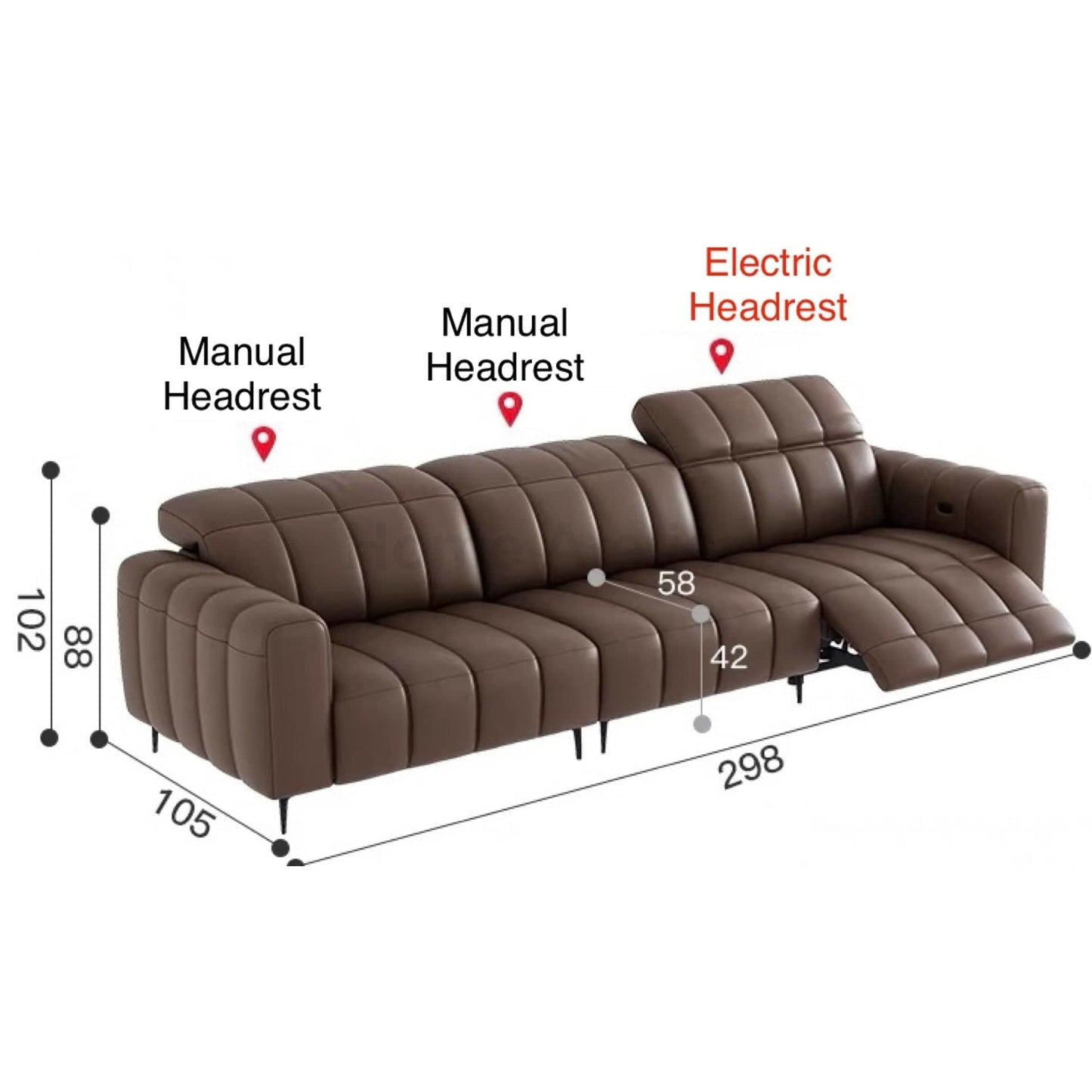 Home Atelier Italian Genuine Cowhide Leather / 3 seater/ Length 298cm ( 1 Electric Recliner) Electric Headrest Ramier Electric Recliner Leather Sofa
