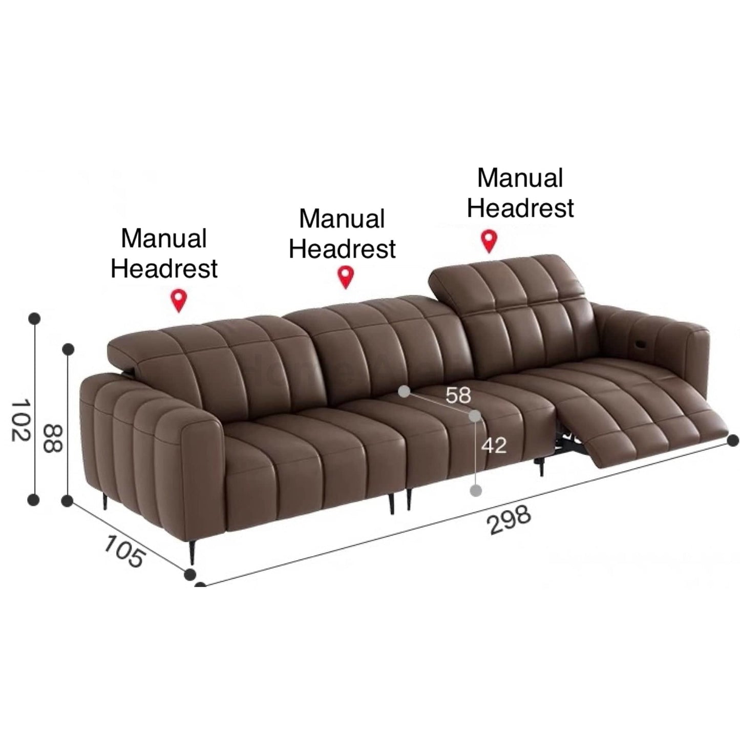 Home Atelier Italian Genuine Cowhide Leather / 3 seater/ Length 298cm ( 1 Electric Recliner) Manual Headrest Ramier Electric Recliner Leather Sofa