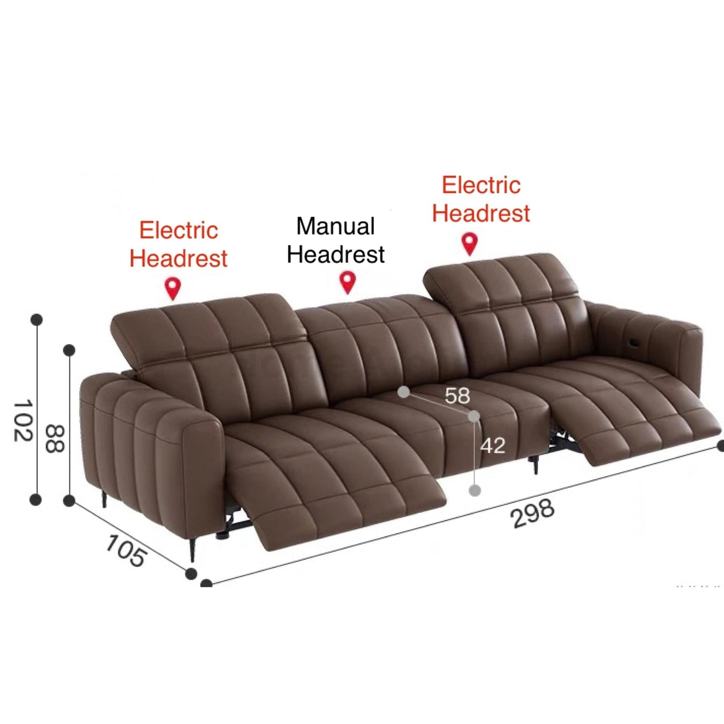 Home Atelier Italian Genuine Cowhide Leather / 3 seater/ Length 298cm ( 2 Electric Recliner) Electric Headrest Ramier Electric Recliner Leather Sofa