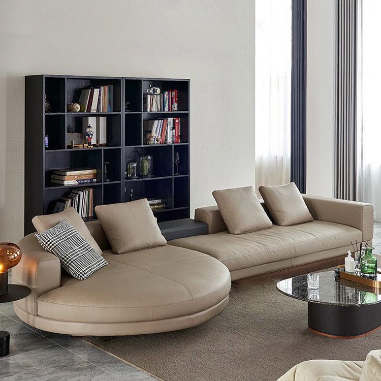 Home Atelier Italian Genuine Cowhide Leather / Group A/ Length 358cm with Curve Chaise / Khaki Alyssa Designer Sectional Round Chaise Sofa