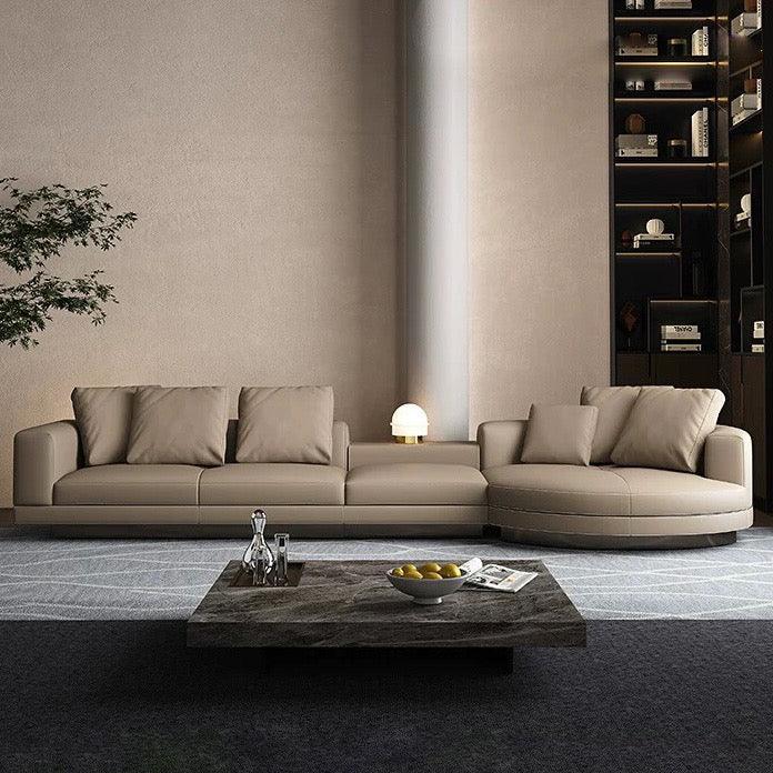Home Atelier Italian Genuine Cowhide Leather / Group A/ Length 358cm with Curve Chaise / Khaki Alyssa Designer Sectional Round Chaise Sofa