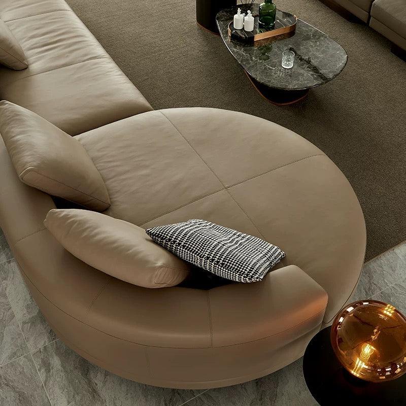 Home Atelier Italian Genuine Cowhide Leather / Group A/ Length 358cm with Curve Chaise / Khaki Alyssa Designer Sectional Round Chaise Sofa
