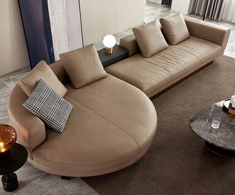 Home Atelier Italian Genuine Cowhide Leather / Group A/ Length 358cm with Curve Chaise / Khaki Alyssa Designer Sectional Round Chaise Sofa