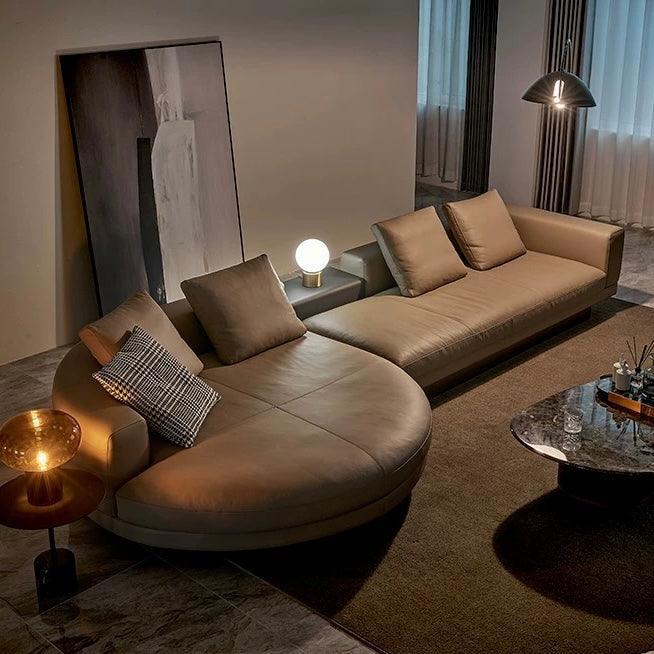 Home Atelier Italian Genuine Cowhide Leather / Group A/ Length 358cm with Curve Chaise / Khaki Alyssa Designer Sectional Round Chaise Sofa