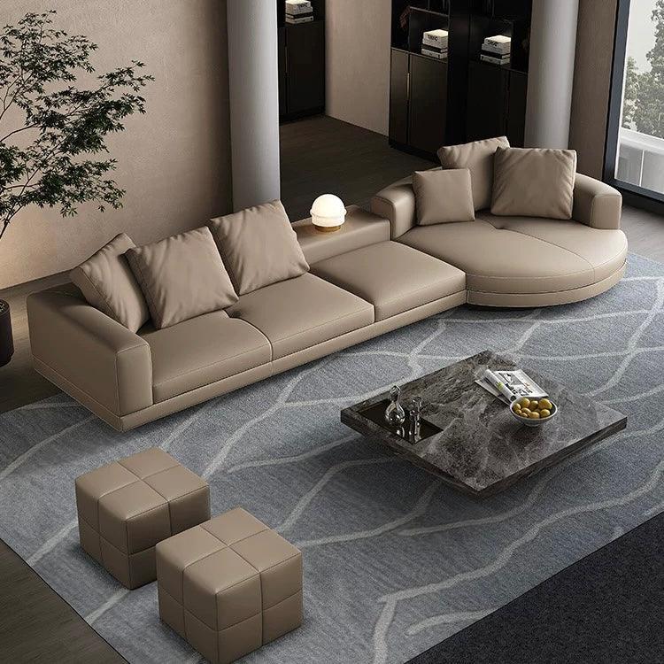 Home Atelier Italian Genuine Cowhide Leather / Group A/ Length 358cm with Curve Chaise / Khaki Alyssa Designer Sectional Round Chaise Sofa