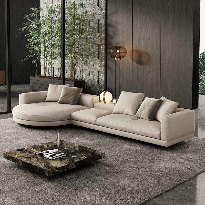 Home Atelier Italian Genuine Cowhide Leather / Group A/ Length 358cm with Curve Chaise / Khaki Alyssa Designer Sectional Round Chaise Sofa