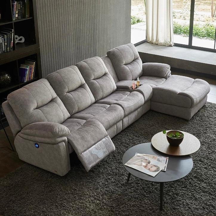 Home Atelier Italian Velvet Fabric / 3 seater L-shape with Partition Console ( + 1 side electric recliner)/ Length 252cm / Grey Ansel Velvet L-shape Electric Recliner Sofa