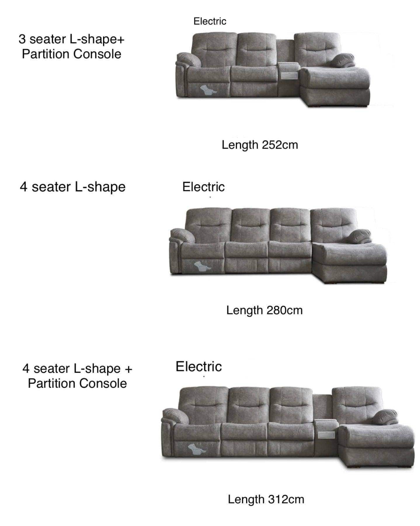 Home Atelier Italian Velvet Fabric / 4 seater L-shape ( + 1 side electric recliner)/ Length 280cm / Grey Ansel Velvet L-shape Electric Recliner Sofa