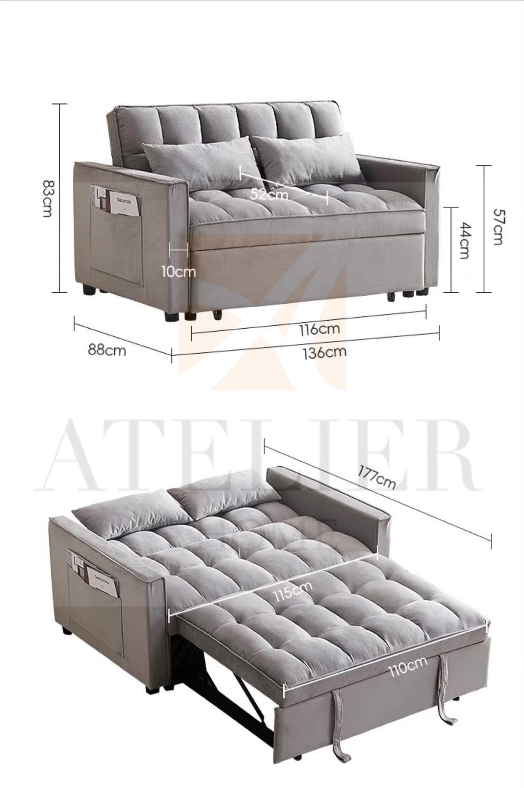 Home Atelier Italian Velvet Fabric / Super Single Size/ Length 136cm Roland Pull-out Sofa Bed