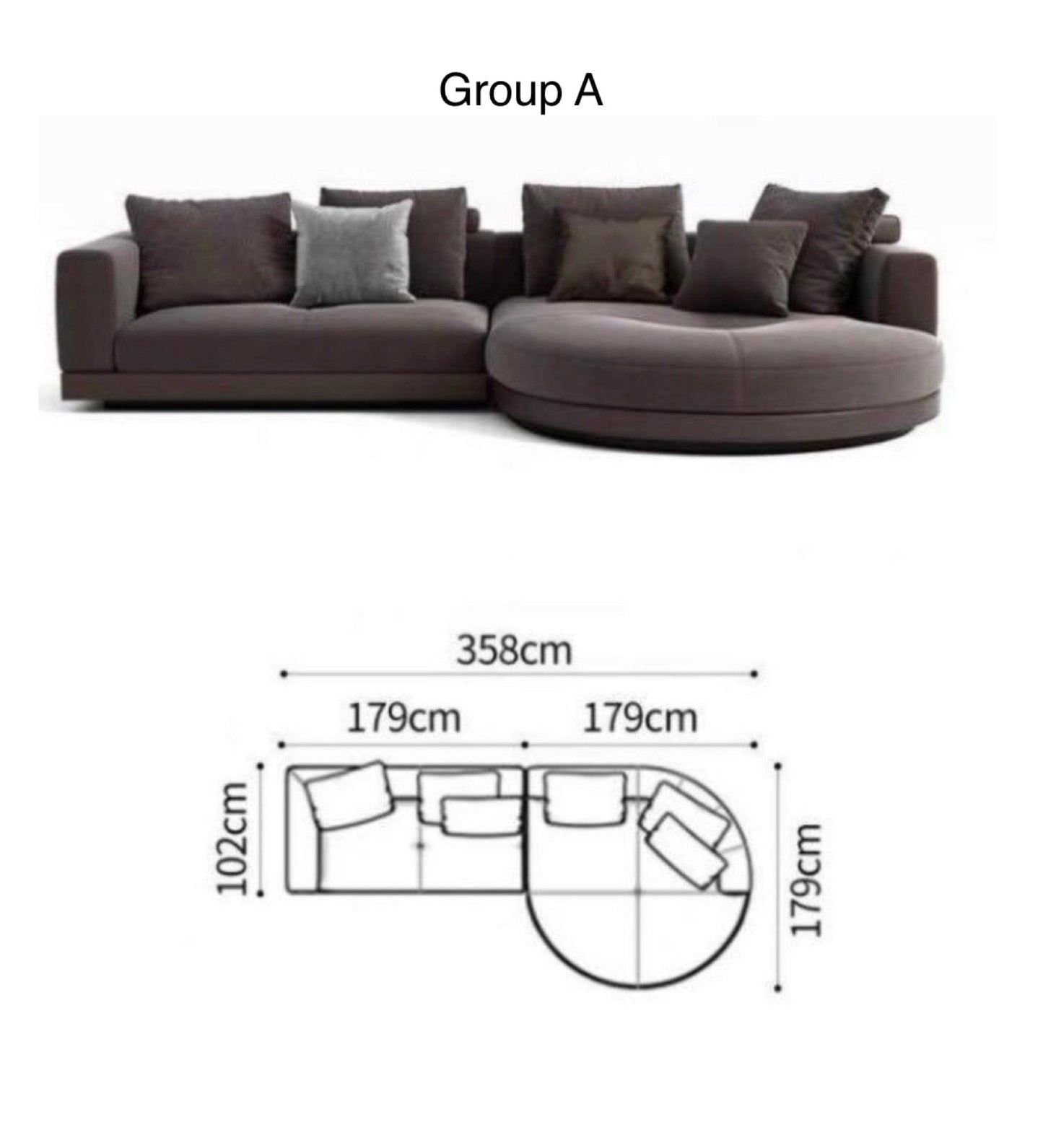 Home Atelier Scratch Resistant Suede Fabric / Group A/ Length 358cm with Curve Chaise / Light Grey Alyssa Designer Sectional Round Chaise Sofa