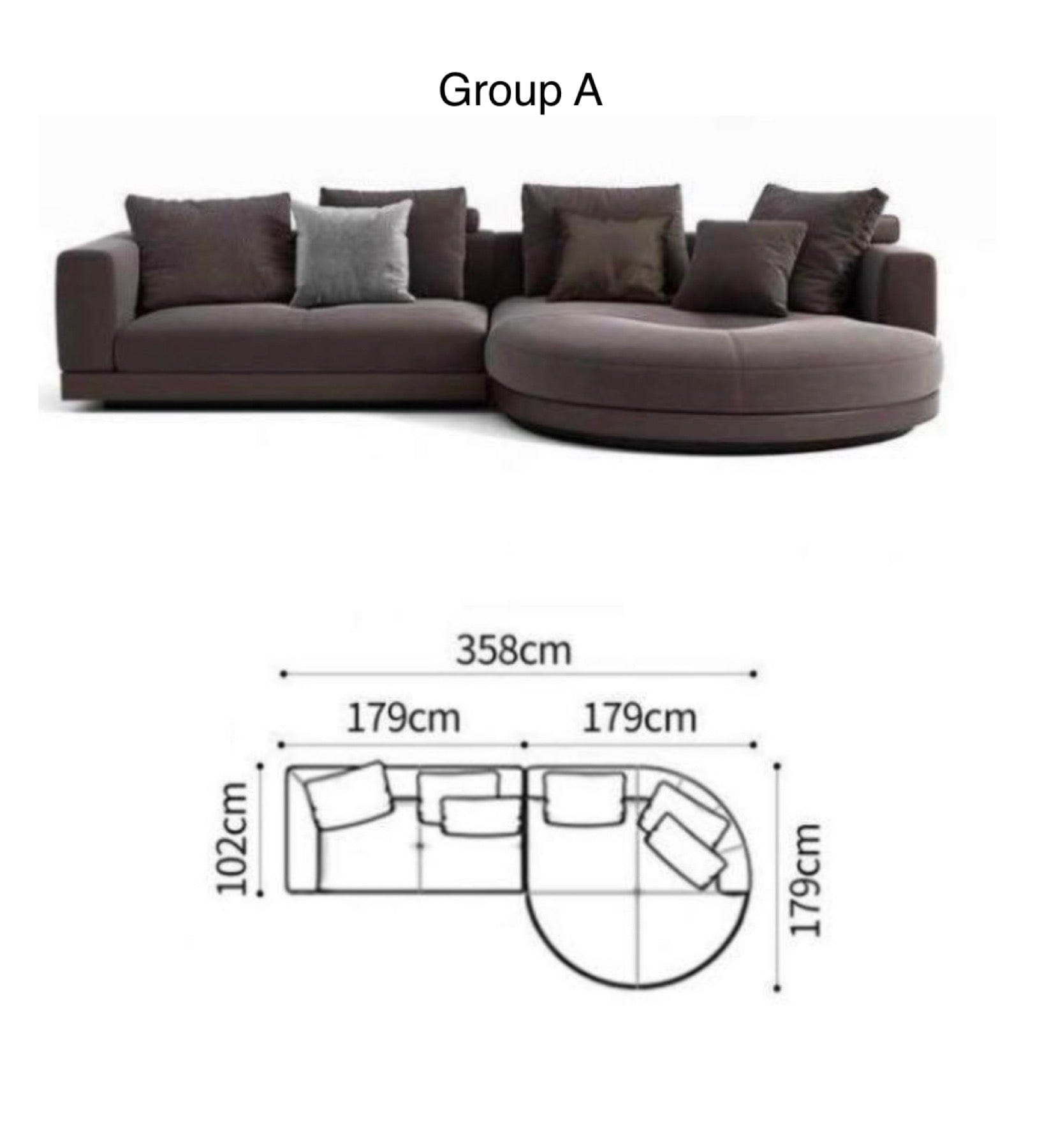 Home Atelier Scratch Resistant Suede Fabric / Group A/ Length 358cm with Curve Chaise / Light Grey Alyssa Designer Sectional Round Chaise Sofa
