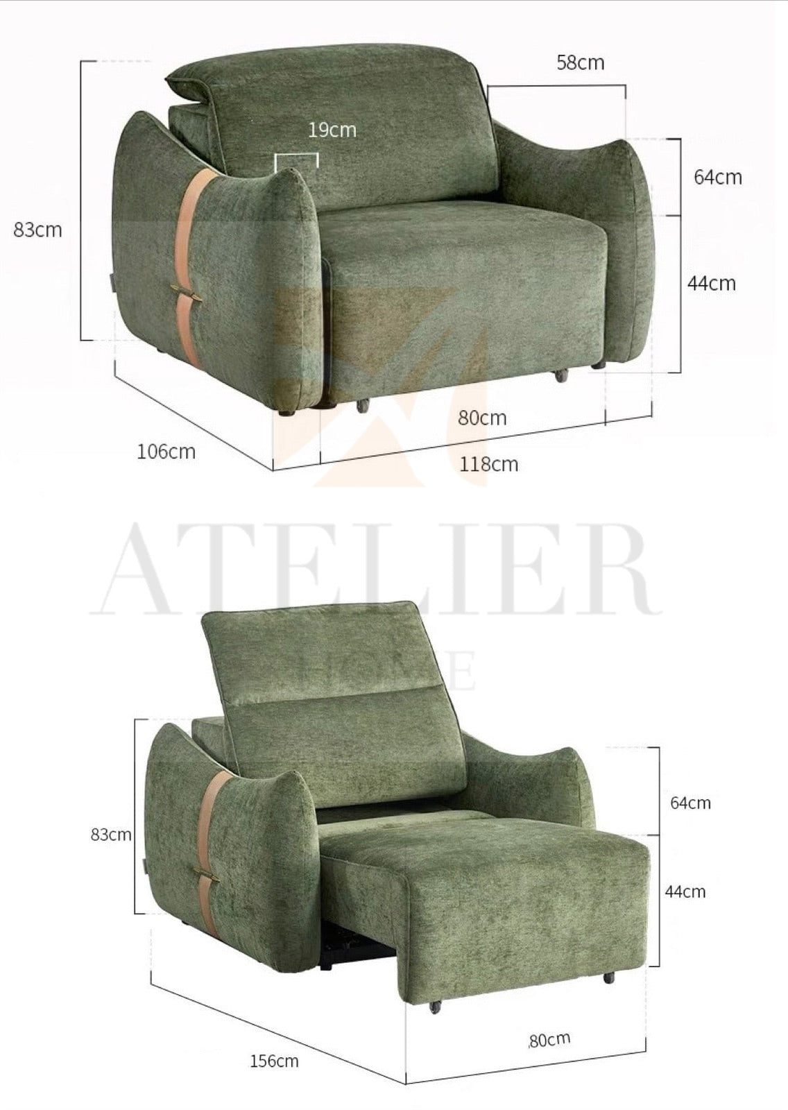 Home Atelier Velvet Fabric / Single Size/Length 118cm Auria Electric Sofa Bed