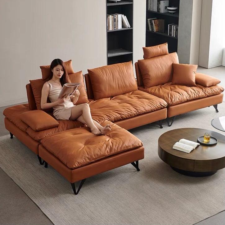 Home Atelier Water and Stain Repellent Leather-Aire / 3 seater L-shape / Hermes Orange Tania L-shape Slider Sofa