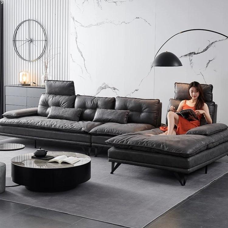 Home Atelier Water and Stain Repellent Leather-Aire / 4 seater L-shape/ Length 400cm / Black Moretti L-shape Slider Sofa