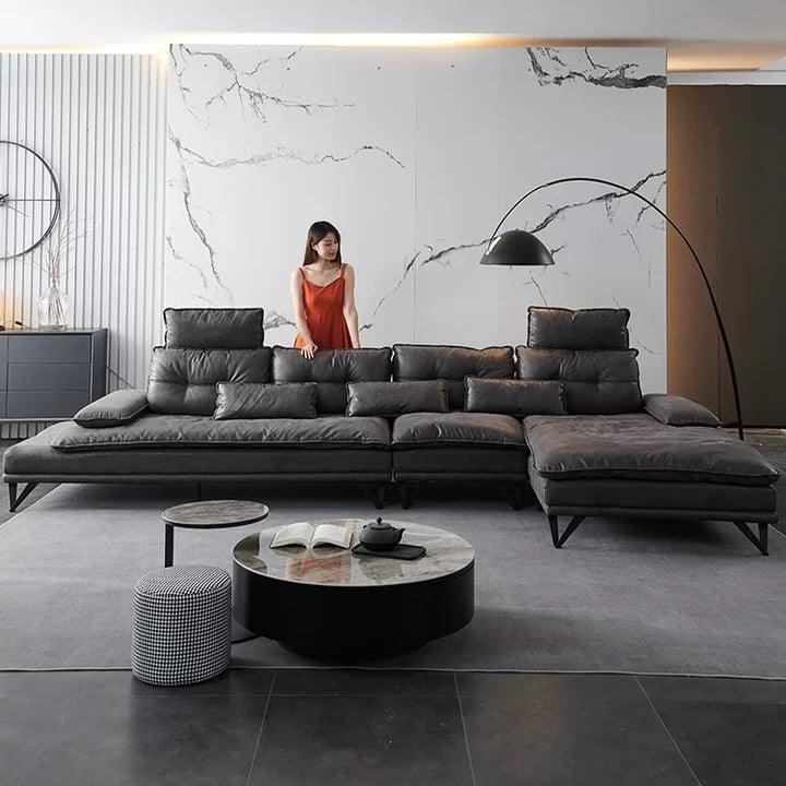 Home Atelier Water and Stain Repellent Leather-Aire / 4 seater L-shape/ Length 400cm / Light Grey Moretti L-shape Slider Sofa