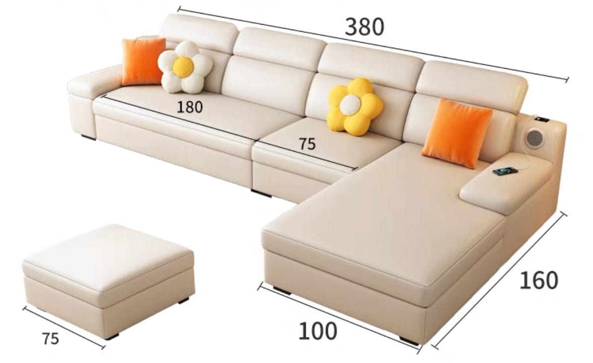 Home Atelier Water and Stain Repellent Leather-Aire / Length 380cm L-shape ( with ottoman) Flor Sectional Sofa Bed