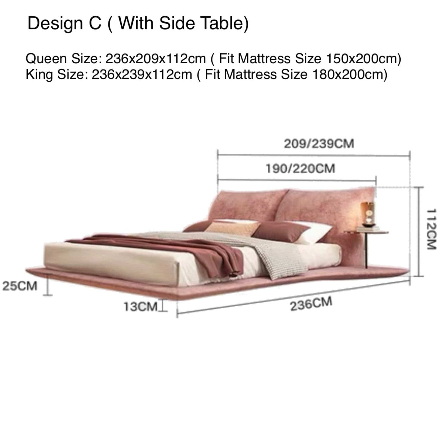 Home Atelier Water/Stain Repellent and Scratch Resistant Suede Fabric / Design C/ With Side Table/ Queen Size / Cream Faye Scratch Resistant Floating Bed Frame with LED Base Lighting