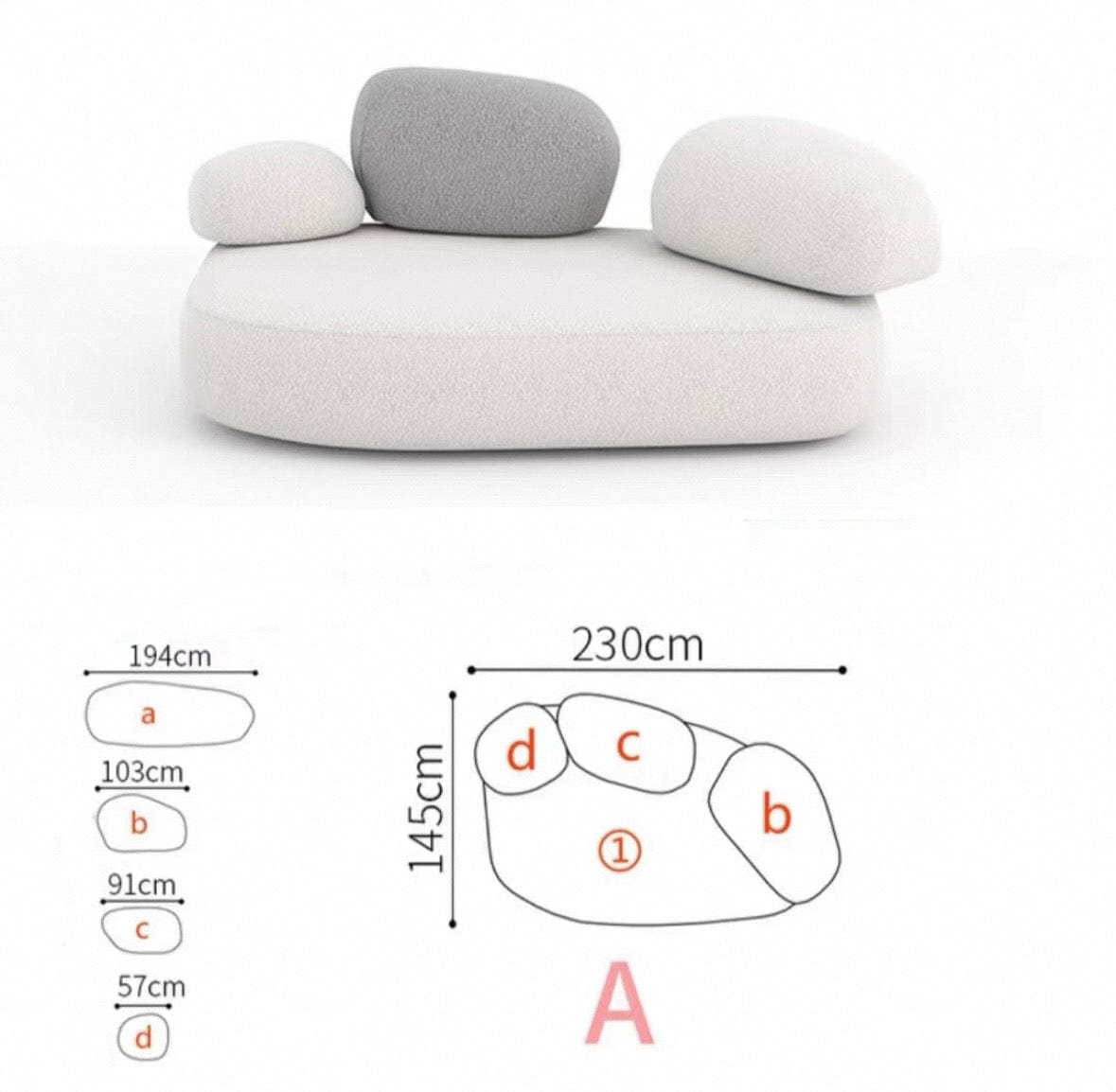 Home Atelier Water/Stain Repellent and Scratch Resistant Suede Fabric / Group A/ L230 x W145cm / Cream Pebble Curve Sofa