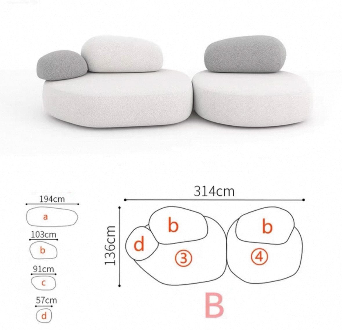 Home Atelier Water/Stain Repellent and Scratch Resistant Suede Fabric / Group B/ L314 x W136cm / Cream Pebble Curve Sofa