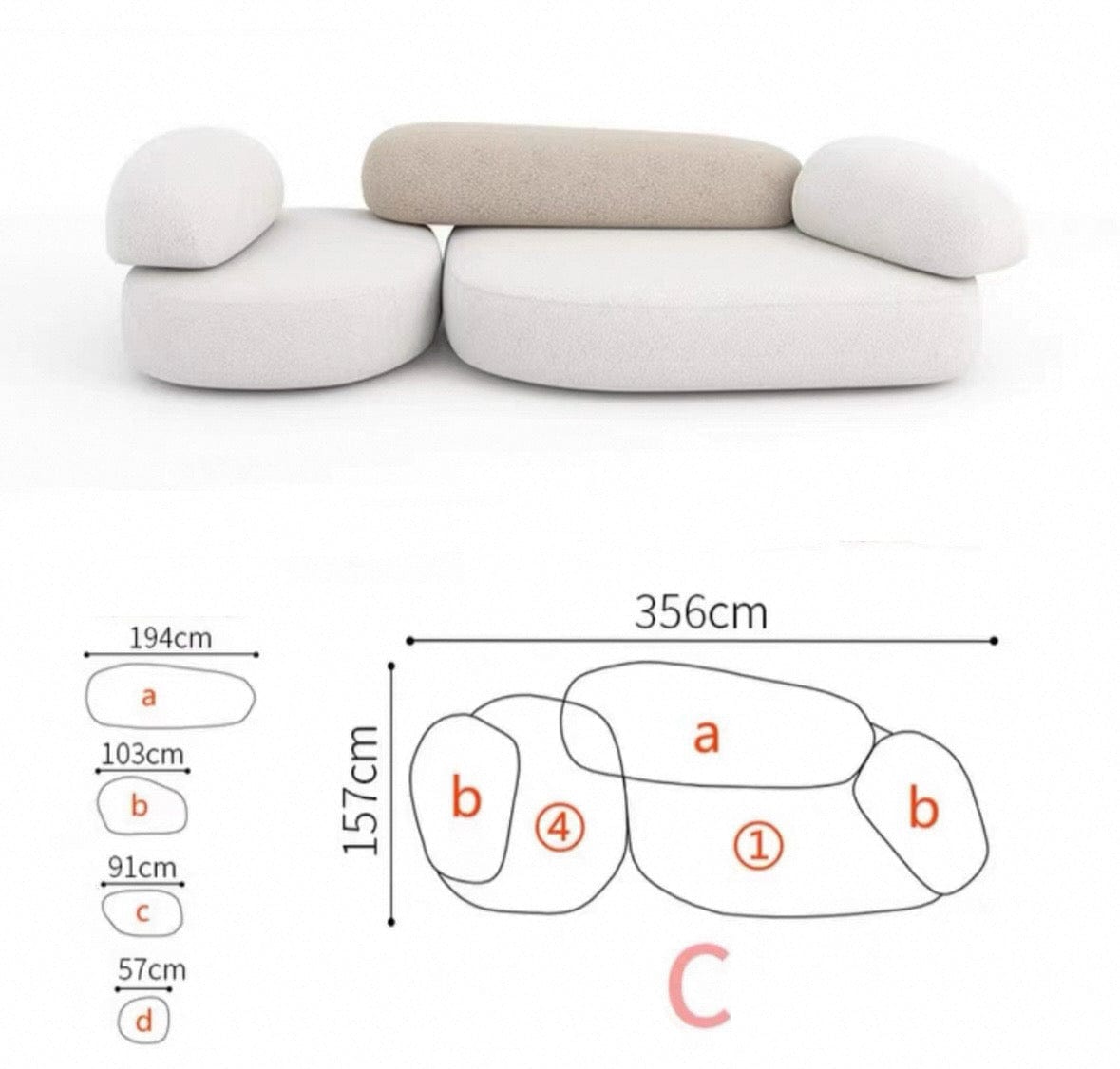 Home Atelier Water/Stain Repellent and Scratch Resistant Suede Fabric / Group C/ L356 x W157cm / Cream Pebble Curve Sofa