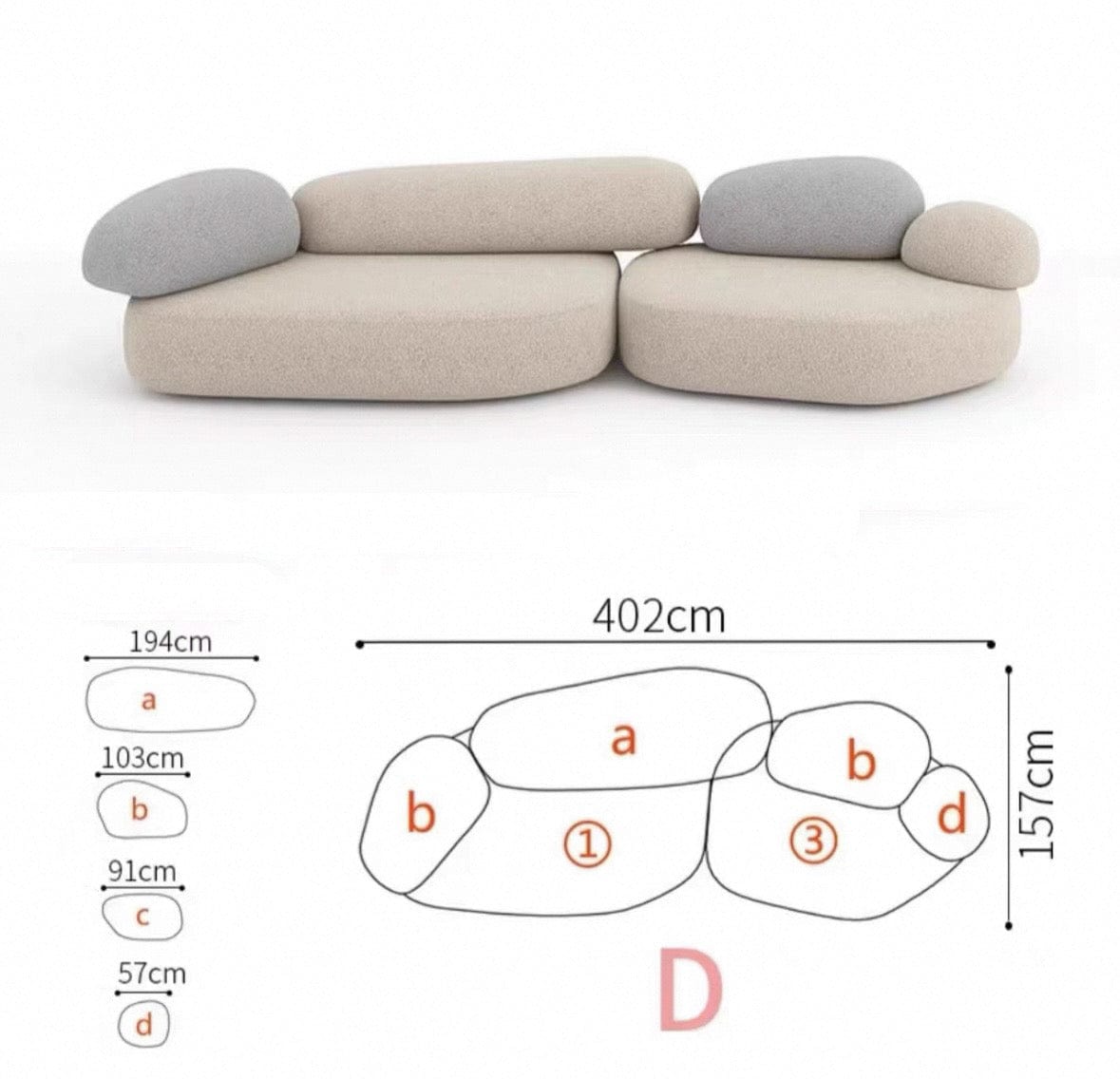 Home Atelier Water/Stain Repellent and Scratch Resistant Suede Fabric / Group D/ L402 x W157cm / Cream Pebble Curve Sofa