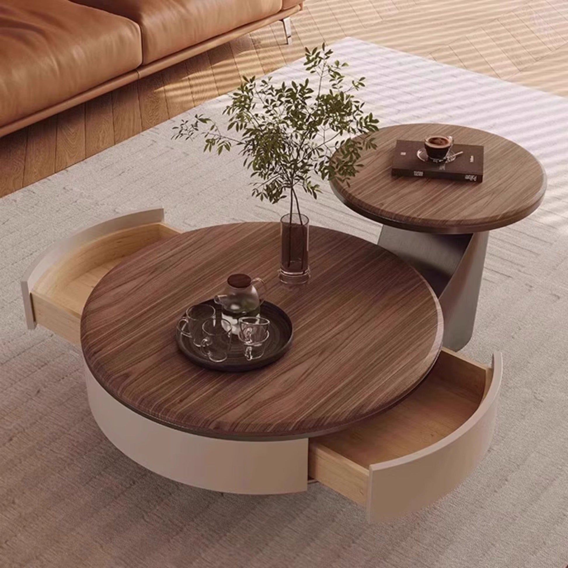 25Home Walnut 35.4'' Mid-century Modern Round Coffee Table Set