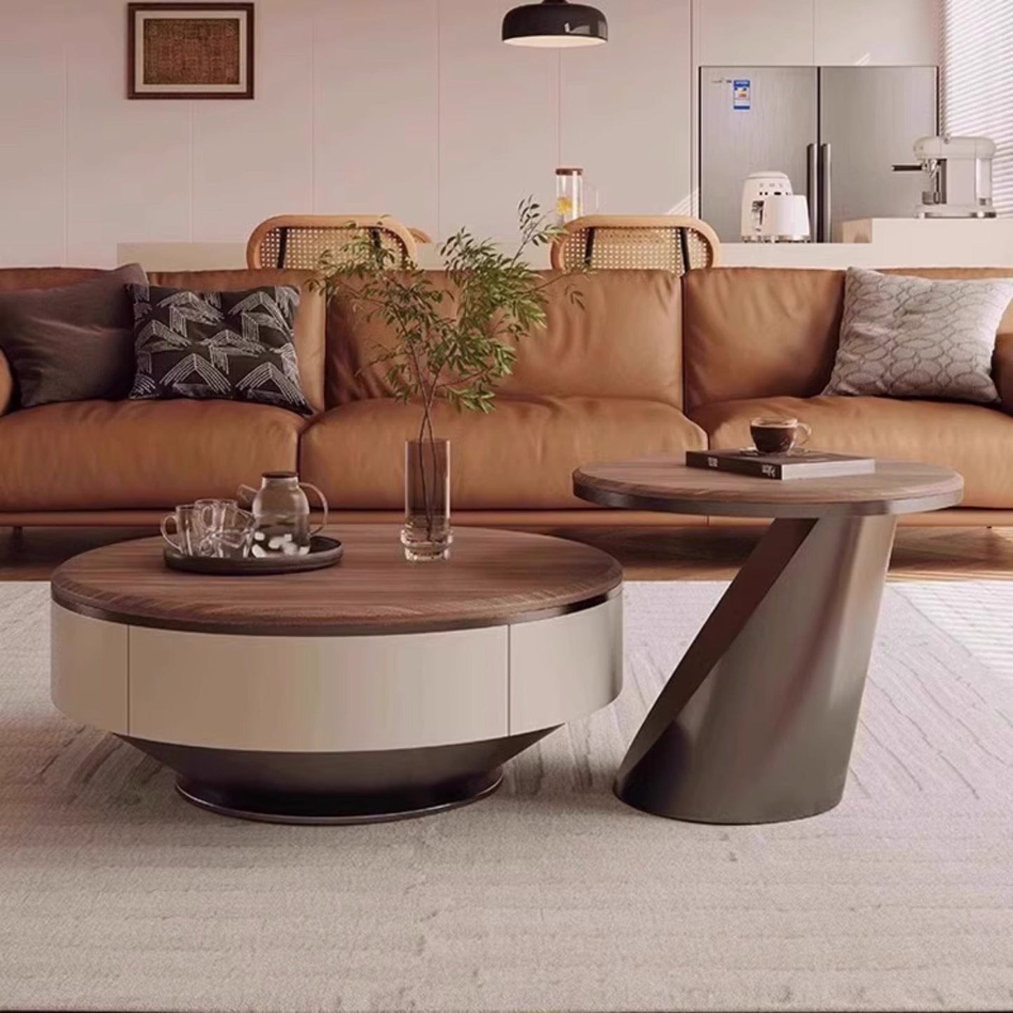 25Home Walnut 35.4'' Mid-century Modern Round Coffee Table Set
