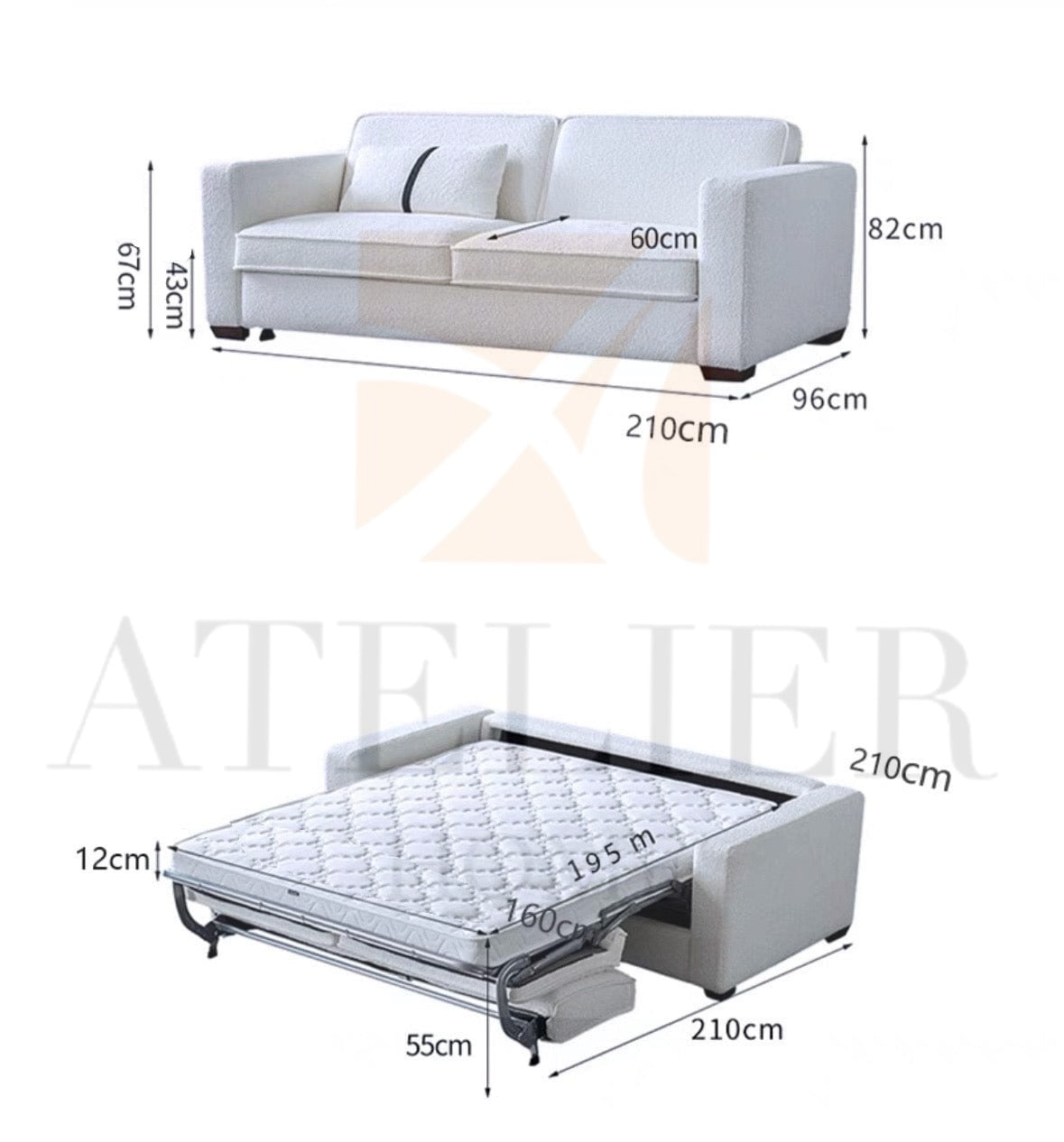 Home Atelier Allison Performance Boucle Foldable Sofa Bed with Mattress