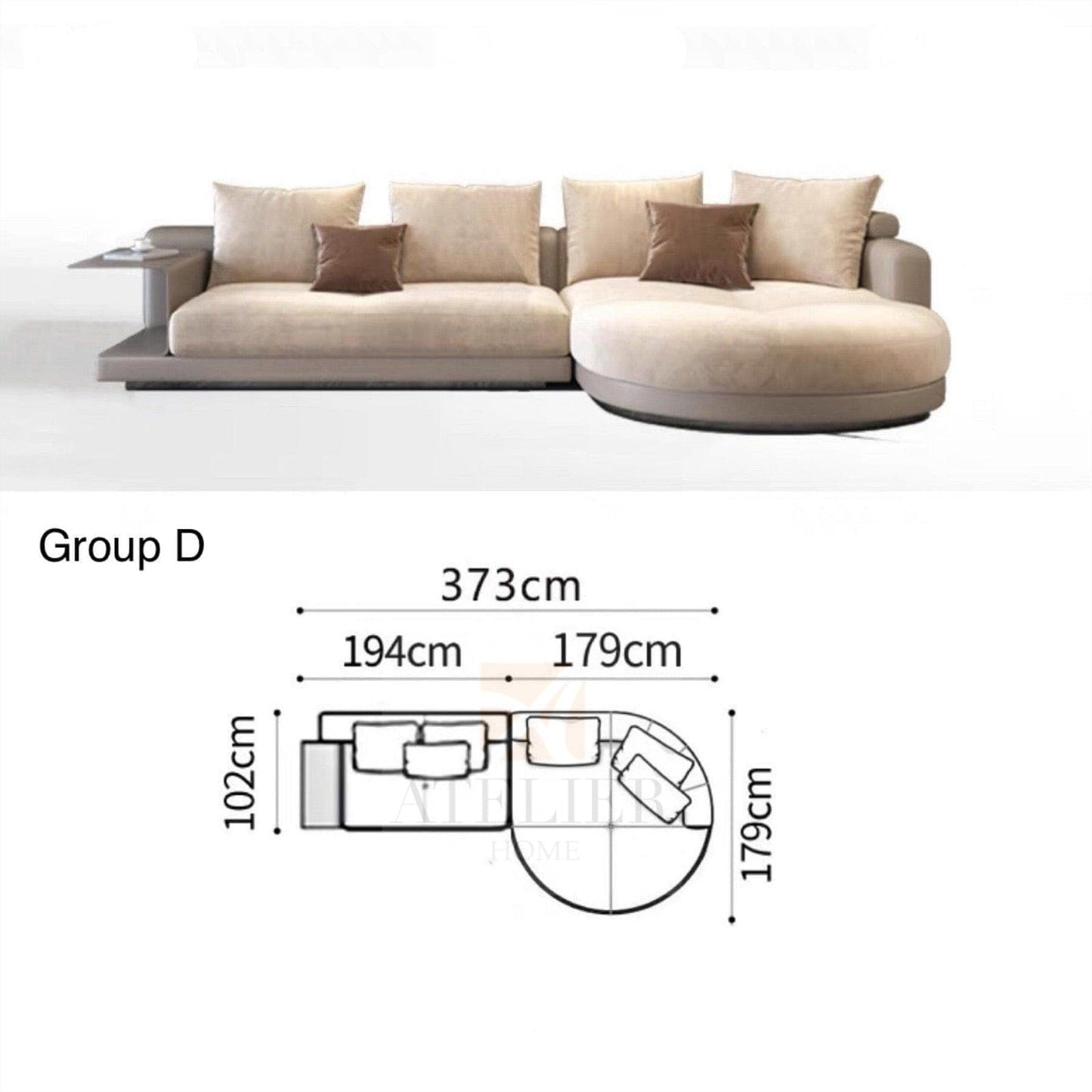 Home Atelier Alyssa Designer Sectional Round Chaise Sofa