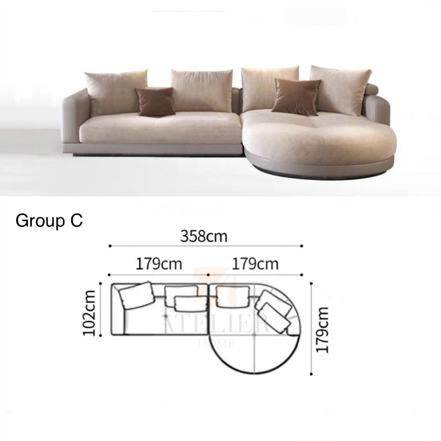 Home Atelier Alyssa Designer Sectional Round Chaise Sofa